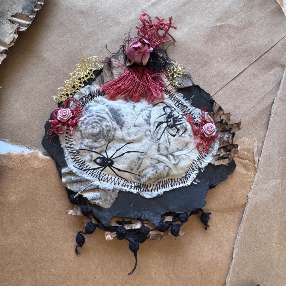 Handmade gothic large scrappy tag embellishment spiders black, gold, whimsigoth
